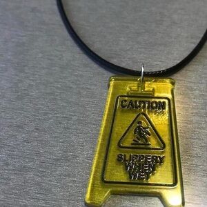Yellow 'Caution Slippery When Wet' Novelty handmade gothic punk emo Necklace